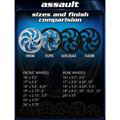  Assault wheel sizes and finish shown with image iilustration(Chrome, Eclipse, Gloss Black, Flatline)
