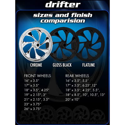Drifter Forged wheel's sizes and finish illustrated with images(Chrome, Gloss Black & Flatline)