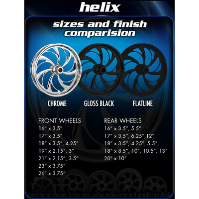 Helix Forged wheel sizes and finish illustrated with images(Chrome, Gloss Black & Flatline)