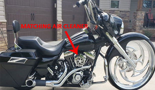 Matching air cleaner shown on a motorcycle with arrow